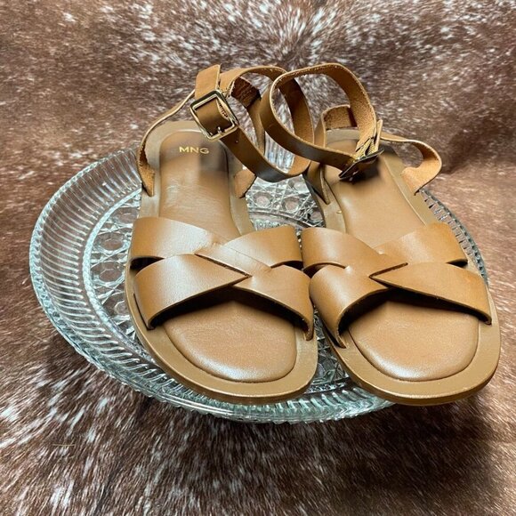 MNG Mango Tan Strappy Flat Sandals | Size 38 (US 7.5–8) - Picture 3 of 8